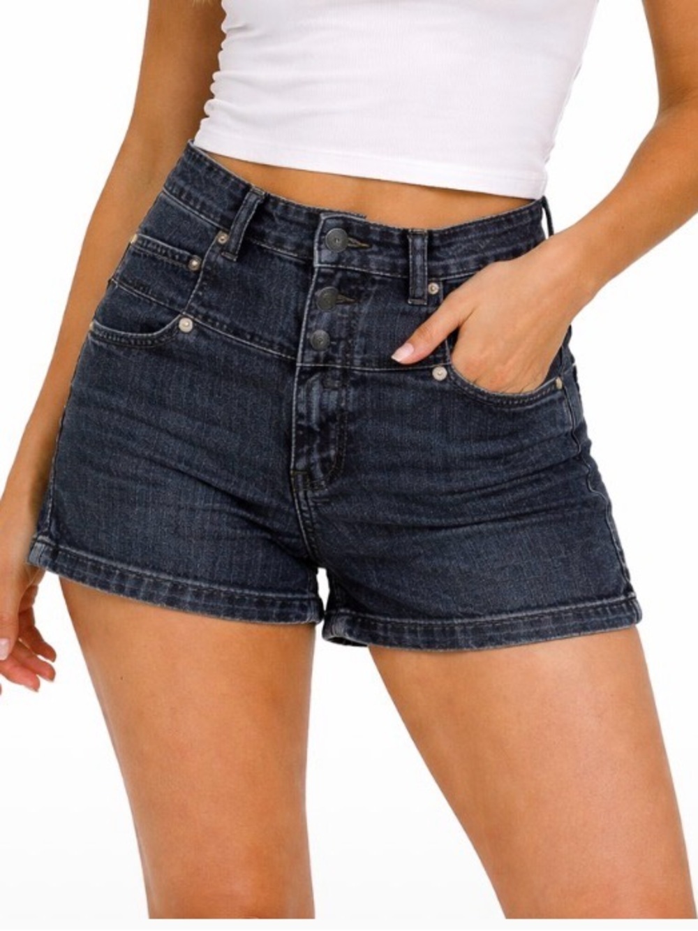 Miley Cyrus Max Azria High Waisted Shorts light washed black denim jean shorts